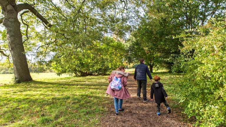 A family walking in the woods at Beningbrough, North Yorkshire